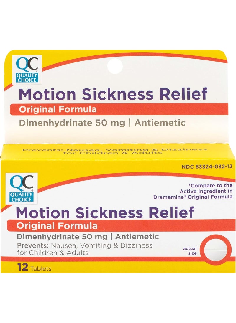 Quality Choice Quality Choice, Motion Sickness Relief, Prevents and Relieves Nausea, Dizziness & Vomiting, Original Formula Dimenhydrinate 50mg an Antiemetic, 12 Tablets Per Box, Car Sick, Seasickness Nausea Relief 