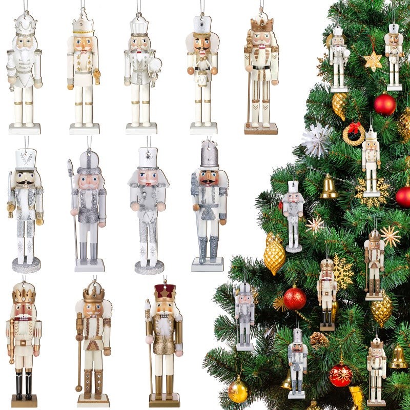 Woanger 48 Pcs Christmas Nutcracker Ornaments Xmas King and Soldier Gold and Silver Glittered Hanging Christmas Ornaments Mini Wooden for Xmas Tree Ornament SetSilver Gold Nutcracker Style - Image 2