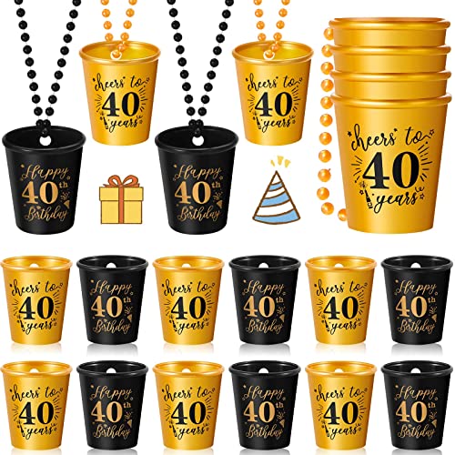 Sureio 12 Pieces Shot Glasses Necklace Birthday Plastic Shot Glass on Beaded Necklace Cups for Birthday Party Anniversary Supplies Gold and Black40th
