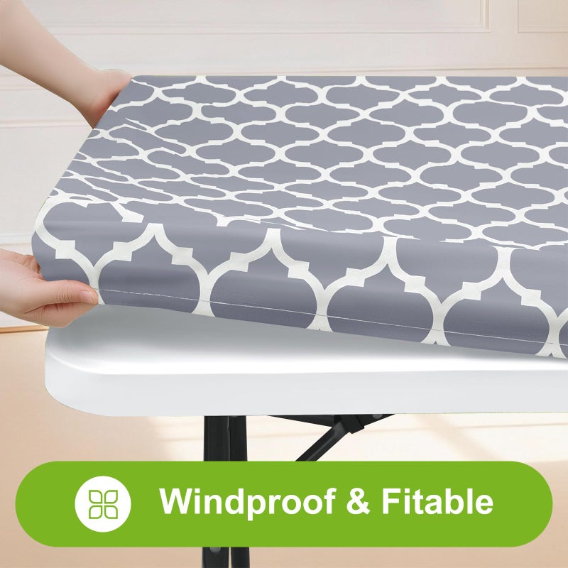 Smiry Rectangle Picnic Table Cover, Waterproof Elastic Fitted Camping Tablecloths for 4 Foot Tables, Wipeable Flannel Backed Vinyl Tablecloth Protector for Indoor, Outdoor (Grey, 24x48 Inches) - Image 2