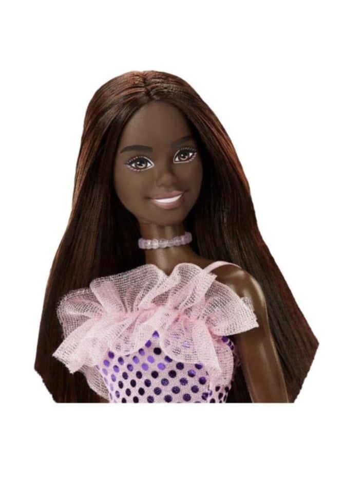 Barbie Doll, Kids Toys, Dark Brown Hair, Pink Metallic Dress - Image 2