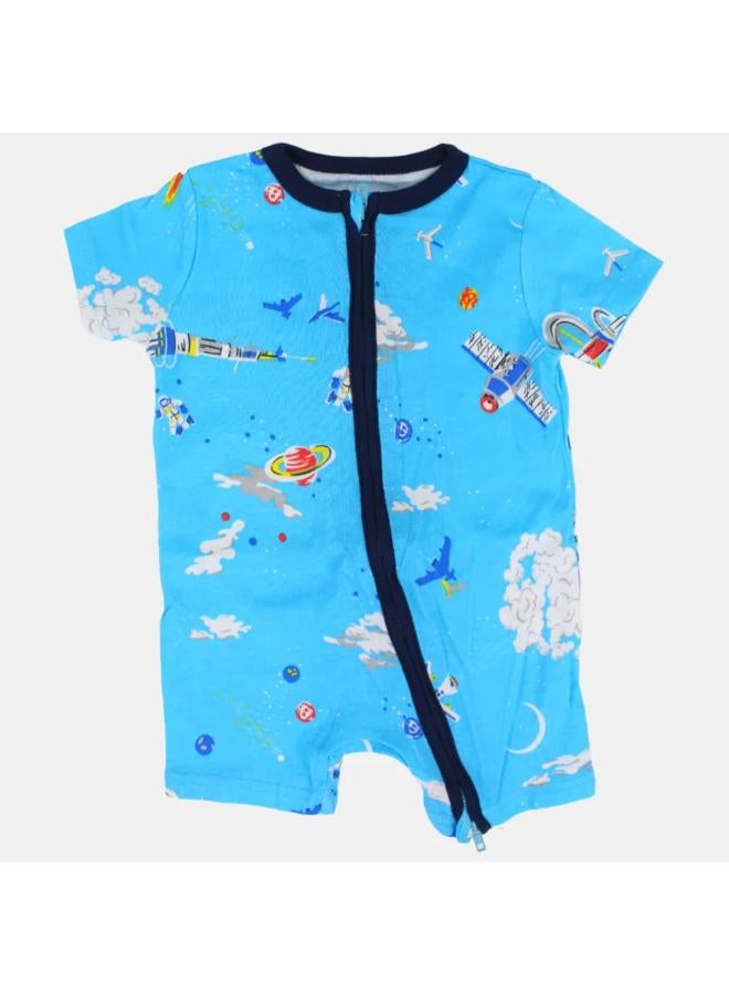 carter's Baby Boys Cotton Romper – Turquoise with Space Print and Zipper Detail - Image 1
