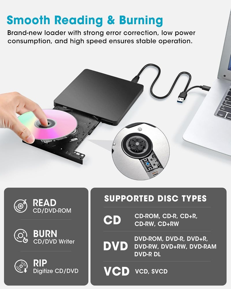 ROOFULL External CD/DVD Drive USB 3.0 & USB-C, Ultra-Slim 0.5" High-Speed CD DVD Player Burner Reader Writer for Laptop, Windows 11/10, Mac MacBook, Linux OS - Image 4