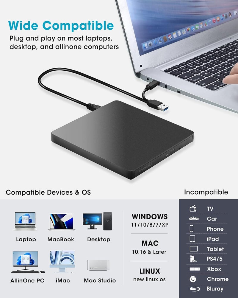 ROOFULL External CD/DVD Drive USB 3.0 & USB-C, Ultra-Slim 0.5" High-Speed CD DVD Player Burner Reader Writer for Laptop, Windows 11/10, Mac MacBook, Linux OS - Image 5