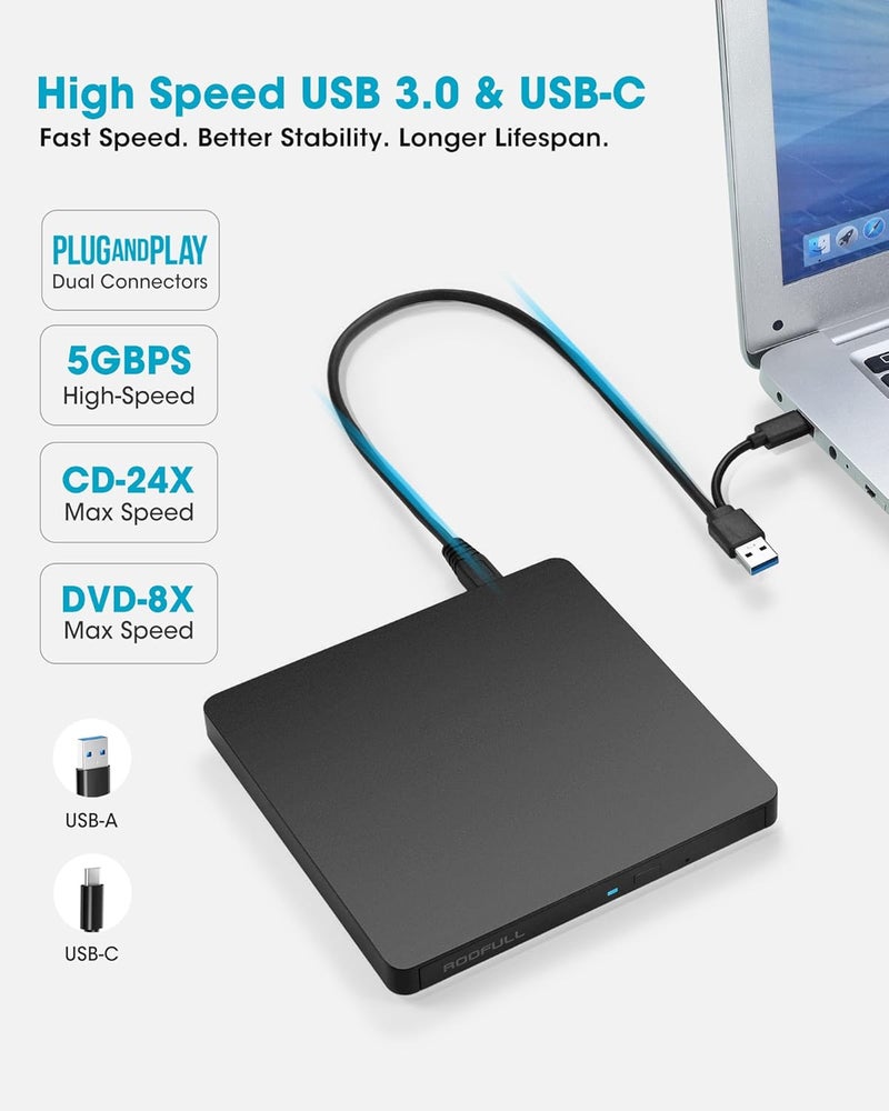 ROOFULL External CD/DVD Drive USB 3.0 & USB-C, Ultra-Slim 0.5" High-Speed CD DVD Player Burner Reader Writer for Laptop, Windows 11/10, Mac MacBook, Linux OS - Image 3