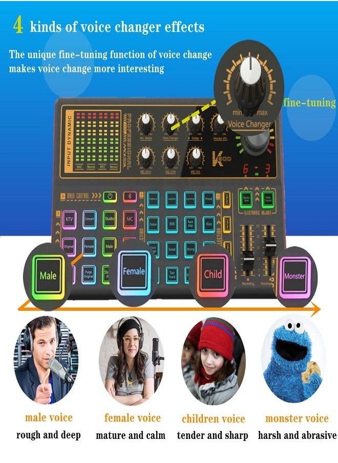 Sunbmebge - Professional Audio Mixer K300 Live Sound Card And Audio Interface Sound Card With A Wide Range Of Dj Mixing Effects Vocoder And Led Lights Ideal For Streaming/Podcasting/Gaming/Recording/Youtube/Pc - Image 1