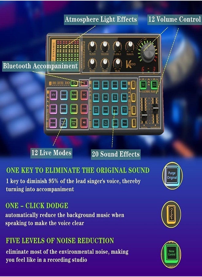 Sunbmebge - Professional Audio Mixer K300 Live Sound Card And Audio Interface Sound Card With A Wide Range Of Dj Mixing Effects Vocoder And Led Lights Ideal For Streaming/Podcasting/Gaming/Recording/Youtube/Pc - Image 1