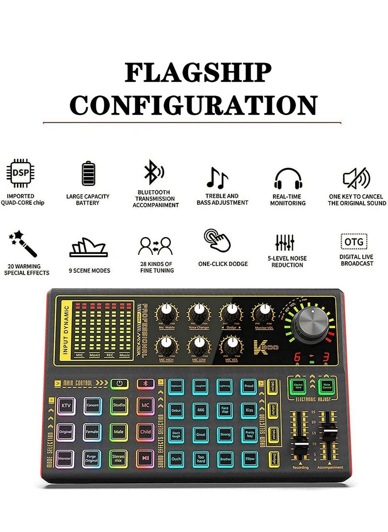 Sunbmebge - Professional Audio Mixer K300 Live Sound Card And Audio Interface Sound Card With A Wide Range Of Dj Mixing Effects Vocoder And Led Lights Ideal For Streaming/Podcasting/Gaming/Recording/Youtube/Pc - Image 1