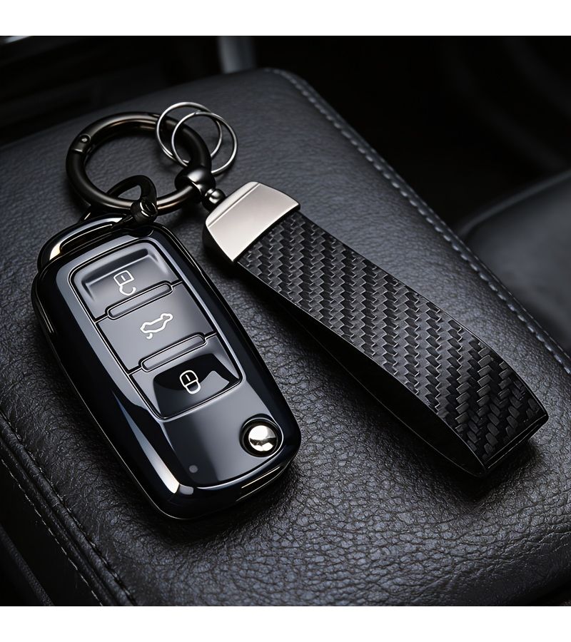 Transparent Keyless Car Key Case With Carbon Fiber Cord Lock Compatible With VW Golf Jetta Passat Tiguan Polo Lavida Skoda Octavia - Image 1