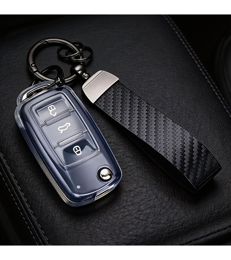 Transparent Keyless Car Key Case With Carbon Fiber Cord Lock Compatible With VW Golf Jetta Passat Tiguan Polo Lavida Skoda Octavia - Image 3