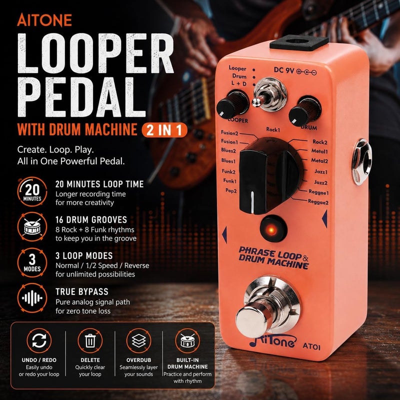 AITONE Looper Pedal with Drum Machine 2 in 1 Loop Pedals for Electric Guitar 20 Minutes Looping 16 Drum Grooves 3 Mode True-Bypass (AT-01) - Image 1