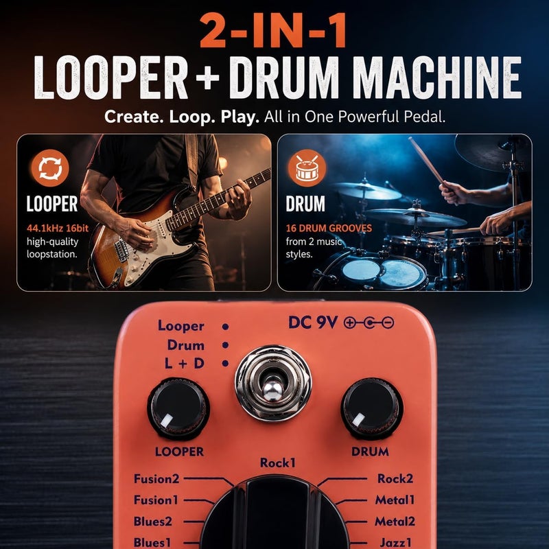AITONE Looper Pedal with Drum Machine 2 in 1 Loop Pedals for Electric Guitar 20 Minutes Looping 16 Drum Grooves 3 Mode True-Bypass (AT-01) - Image 2