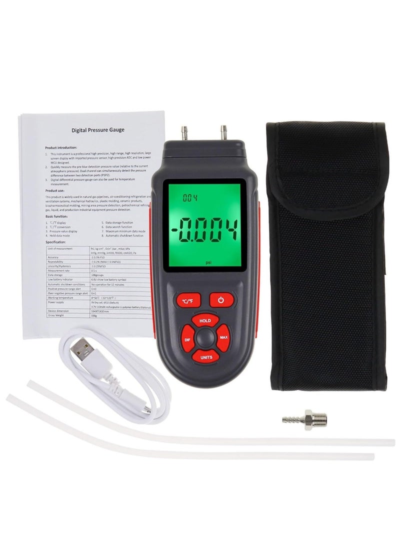 Generic - Manometer Selectable Units Differential Pressure Gauge ±3Psi High Measuring Range HVAC 12 Professional Handheld Dual-Port Air Temperature Meter - Image 1