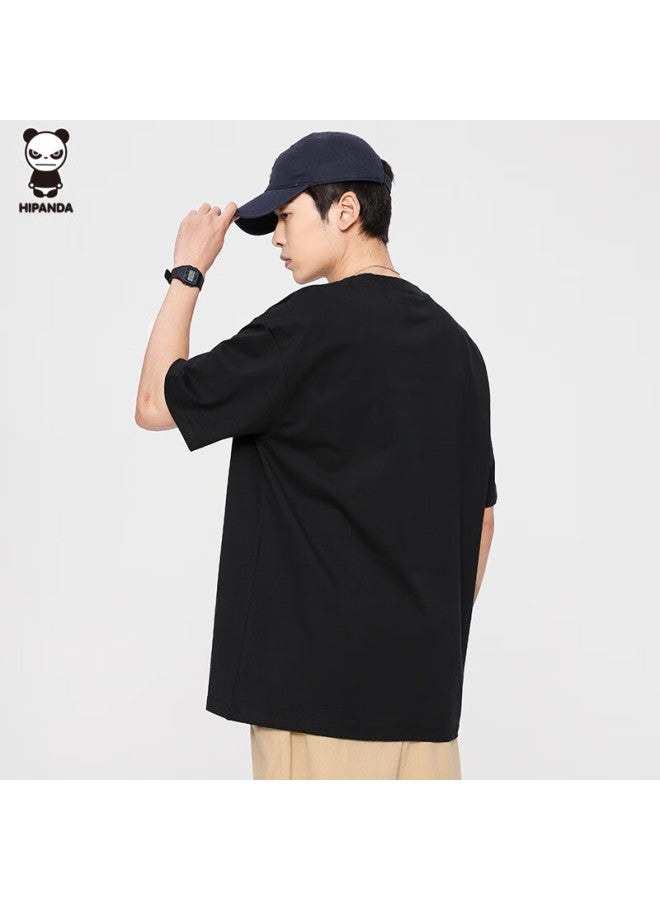 Hipanda Men's Heavyweight Pure Cotton Loose Casual American Style Short Sleeve Trendy Printed Round Neck Top Men's Black M - Image 2