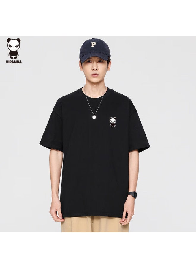 Hipanda Men's Heavyweight Pure Cotton Loose Casual American Style Short Sleeve Trendy Printed Round Neck Top Men's Black M - Image 1