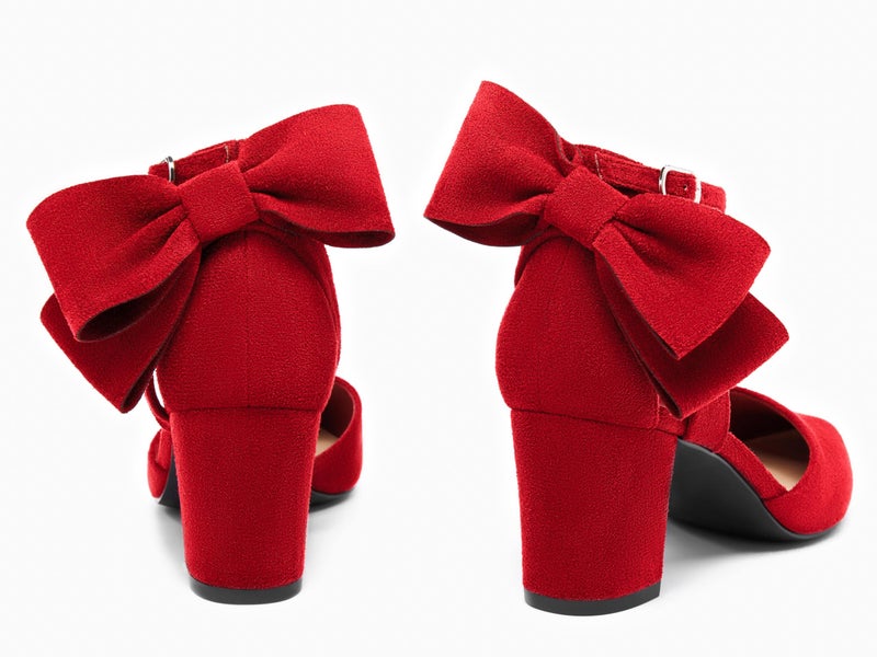 Coutgo Womens Chunky Heels Low Heel Ankle Strap D'Orsay Pumps Closed Pointed Toe Wedding Bridal Shoes, Red, Size 10 - Image 4