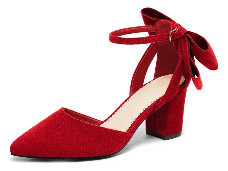 Coutgo Womens Chunky Heels Low Heel Ankle Strap D'Orsay Pumps Closed Pointed Toe Wedding Bridal Shoes, Red, Size 10 - Image 1