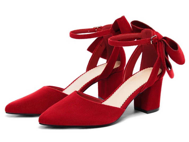 Coutgo Womens Chunky Heels Low Heel Ankle Strap D'Orsay Pumps Closed Pointed Toe Wedding Bridal Shoes, Red, Size 10 - Image 3