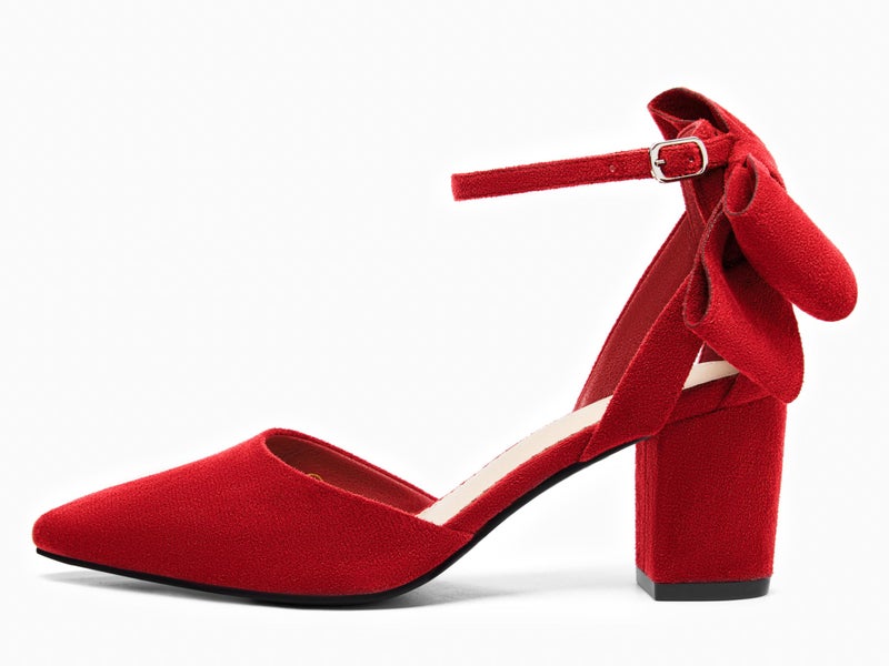 Coutgo Womens Chunky Heels Low Heel Ankle Strap D'Orsay Pumps Closed Pointed Toe Wedding Bridal Shoes, Red, Size 10 - Image 2