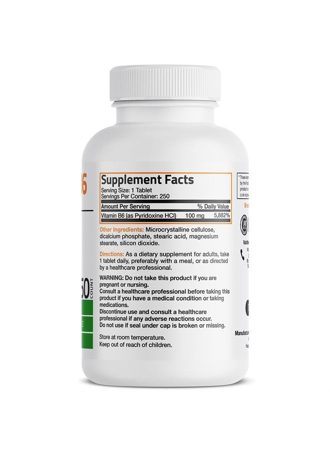 Bronson Vitamin B6 100 mg Premium Vitamin B6 Supplement – Promotes Protein Metabolism and Immune Function - 250 Tablets  - Image 2