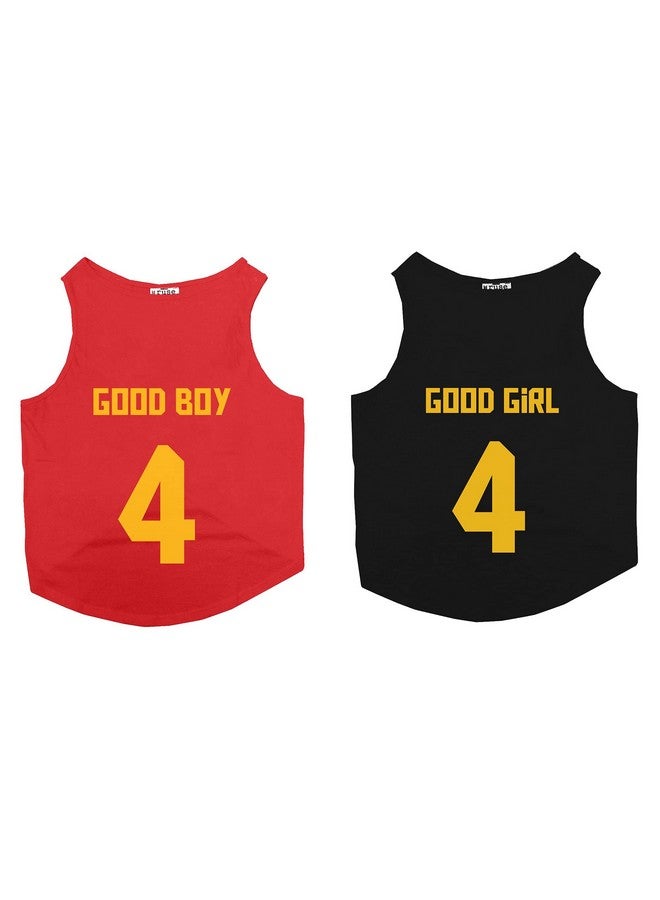 روسيبين مجموعة من 2 قميص Good Boy & Good Girl Jersey رقم 4 مطبوع عليه صورة كلب بدون أكمام ورقبة مستديرة وقميص/تي شيرت/ملابس/تي شيرت هدية كومبو للكلاب (أحمر/أسود) كبير (دي سي/ضالة، دوبيرمان وما إلى ذلك) - Image 2