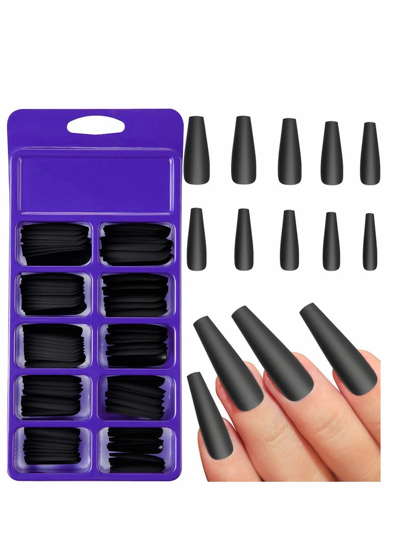 100 Pieces Matte Extra Long Ballerina Press on Nails Coffin False Nails Solid Color Full Cover Fake Nails Matte Coffin False Nails with Box for Women Girls DIY Nail Decorations (Black) - Image 1