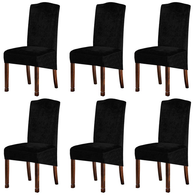 VELVET PLUSH XL DINING CHAIR COVERS STRETCH CHAIR SLIPCOVER SPANDEX HIGH CHAIRS PROTECTOR COVERS SEAT SLIPCOVER WITH ELASTIC BAND FOR DINING ROOMWEDDING CEREMONY BANQUET BLACK SET OF 6