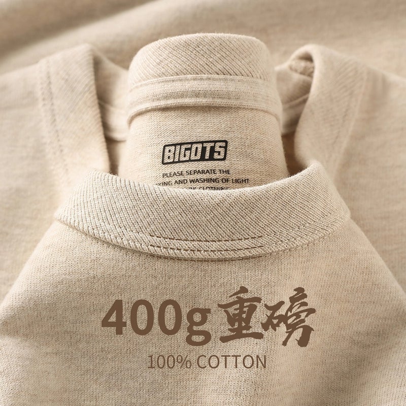Pure cotton 400g heavyweight milk tea color round neck long-sleeved t-shirt autumn and winter thick inner layer base shirt for men and women - Image 3