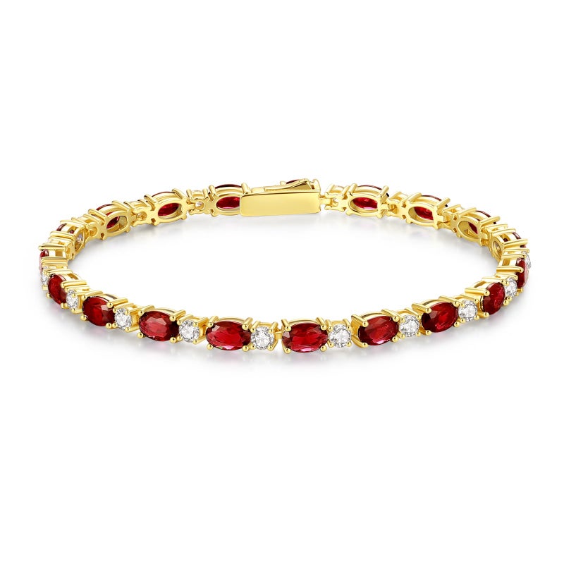 FANCIME 14K Gold Plated Sterling Silver Created Garnet Tennis Bracelet January Birthstone Bracelet Oval Gemstone 4mm Gold Bracelets for Women 7