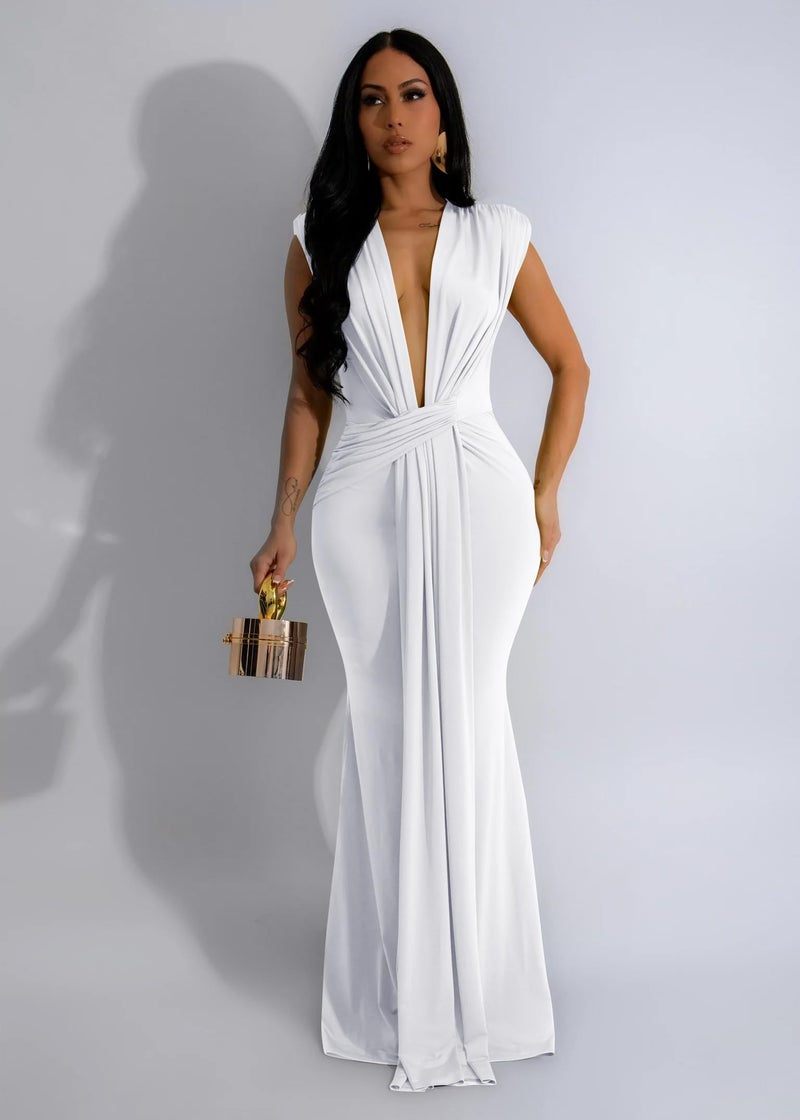 Memoriesea Women's Elegant Sleeveless Deep V Neck Bodycon Party Evening Gown Maxi Dress White - Image 2