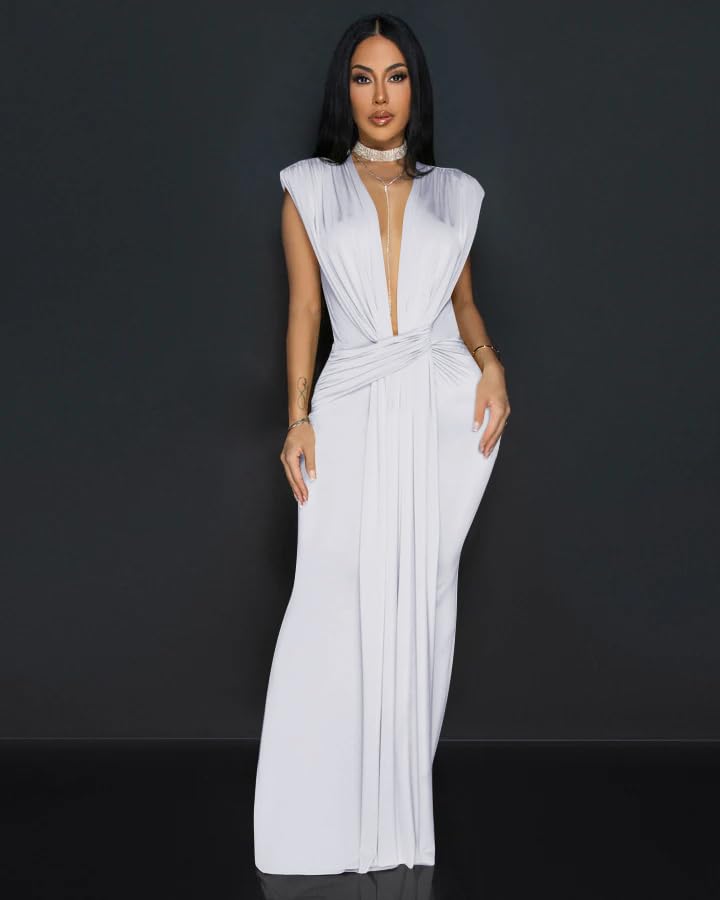 Memoriesea Women's Elegant Sleeveless Deep V Neck Bodycon Party Evening Gown Maxi Dress White - Image 3