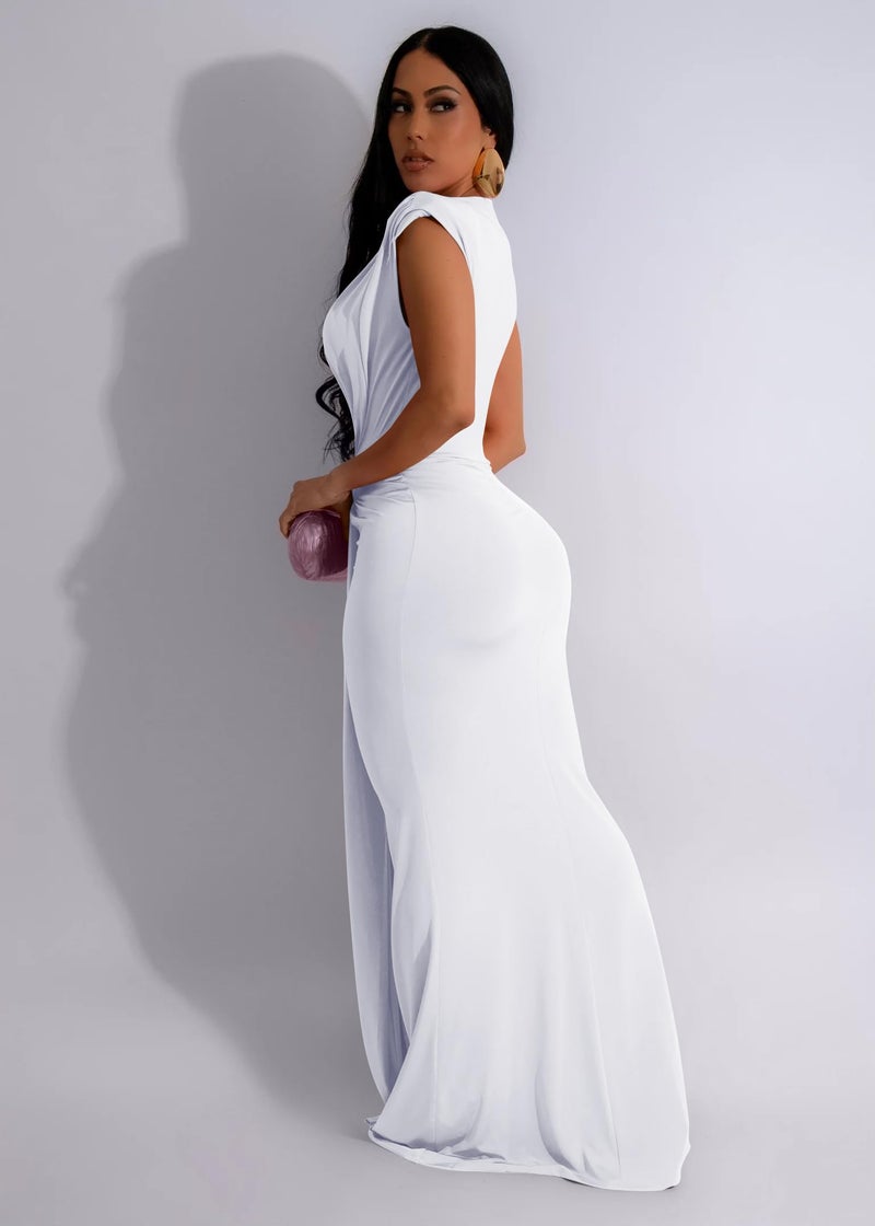 Memoriesea Women's Elegant Sleeveless Deep V Neck Bodycon Party Evening Gown Maxi Dress White - Image 4