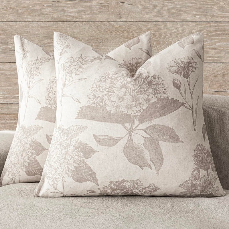 Foindtower Set of 2 Linen Floral Vintage Throw Pillow Covers Neutral Accent Decorative Cushion Covers Farmhouse Boho Home Decor for Sofa Chair Couch Bedroom Living Room,24Ã—24 Inch,Tan Beige - Image 1