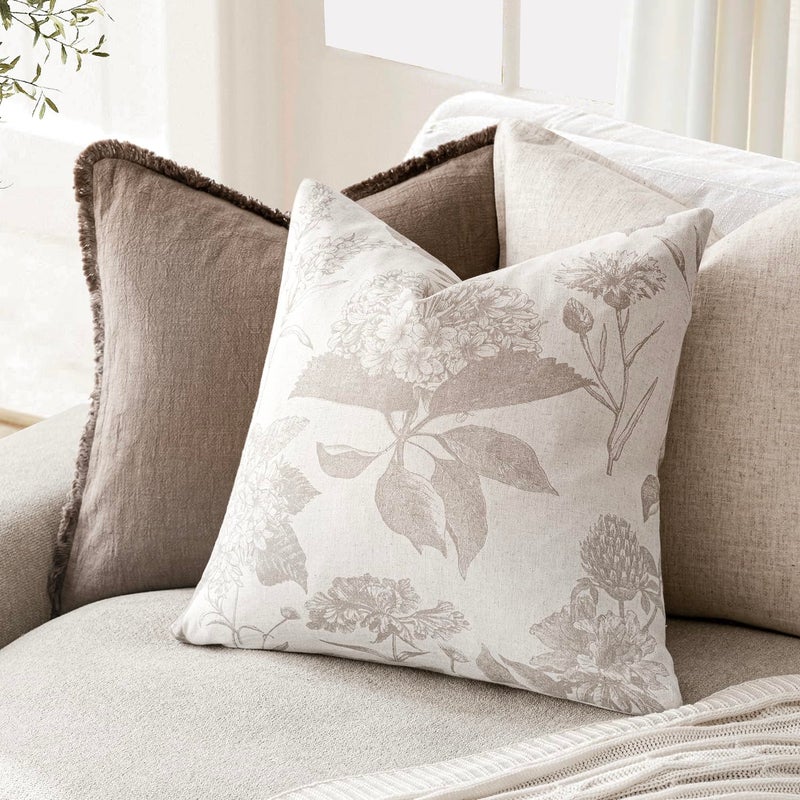 Foindtower Set of 2 Linen Floral Vintage Throw Pillow Covers Neutral Accent Decorative Cushion Covers Farmhouse Boho Home Decor for Sofa Chair Couch Bedroom Living Room,24Ã—24 Inch,Tan Beige - Image 4