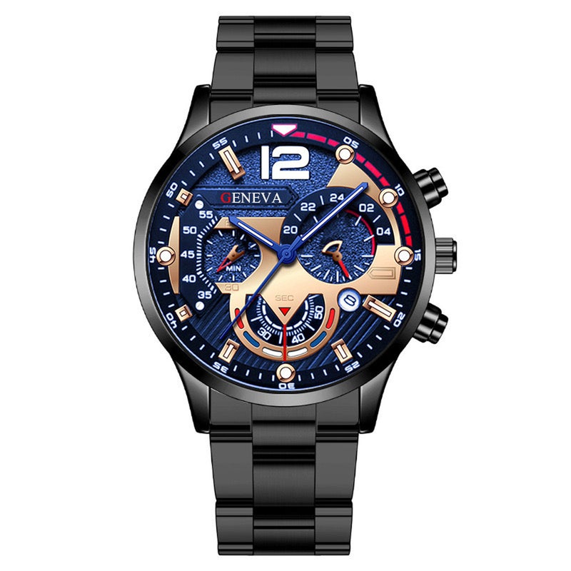 Foreign trade hot mens steel band calendar quartz watch sports luminous pointer quartz watch mens wrist watch black blue