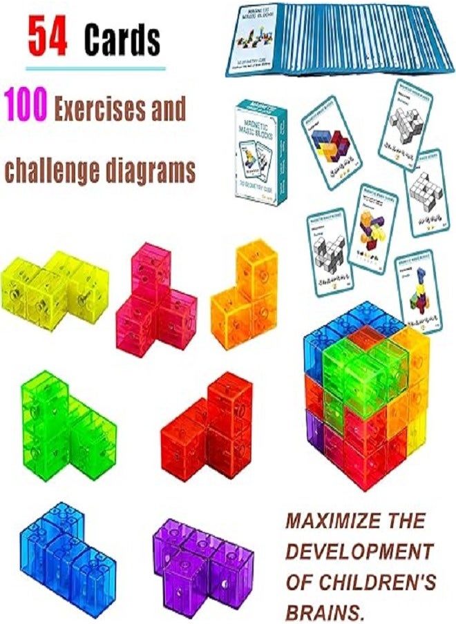 Magnetic - Magnetic Building Blocks Magic Magnetic 3D Puzzle Cubes, Set of 7 Multi Shapes Magnetic Blocks with 54 Guide Cards, Children's Educational Toys and Stress Relief Fidget Toys for Kids Adults - Image 1