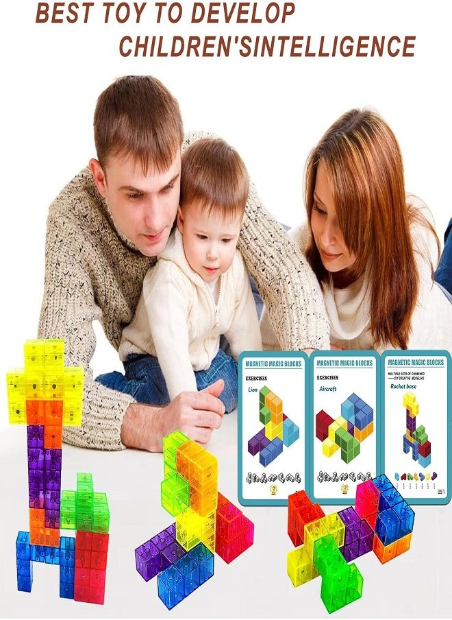 Magnetic - Magnetic Building Blocks Magic Magnetic 3D Puzzle Cubes, Set of 7 Multi Shapes Magnetic Blocks with 54 Guide Cards, Children's Educational Toys and Stress Relief Fidget Toys for Kids Adults - Image 1