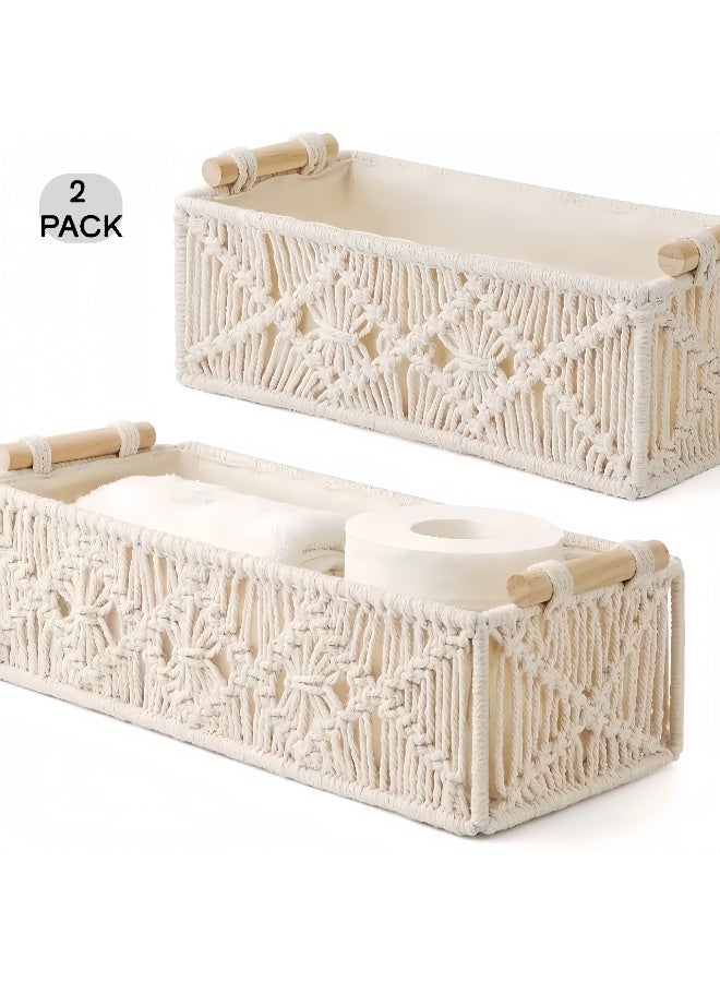 سلال تخزين مصنوعة يدويًا من المكرمية، سلة ورق تواليت منسوجة بمقبض لطاولة الحمام، رف تخزين لغرفة النوم، غرفة المعيشة، المنزل (عاجي) - Image 1