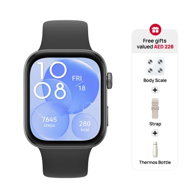 HUAWEI HUAWEI WATCH FIT 3, 1.82" AMOLED Display, Ultra-Slim Design, All-Round Fitness Management, Durable Battery Life, Compatible with iOS & Android, Black + Strap + Scale + Watercup