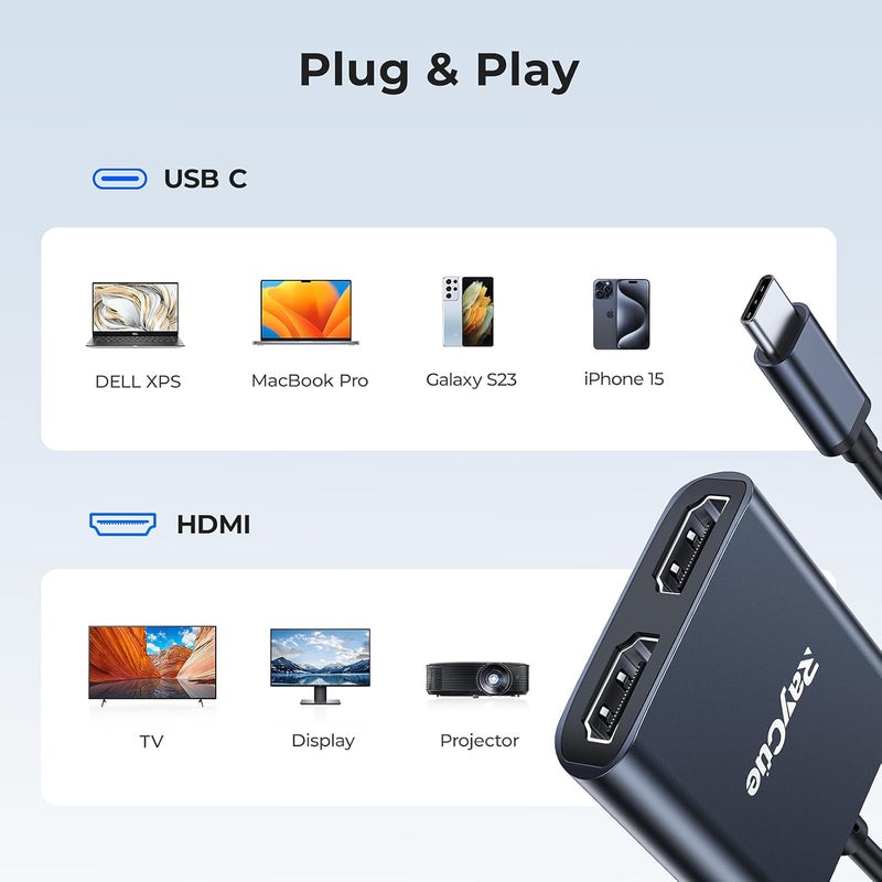 Raycue USB-C to Dual HDMI Adapter 4K@60Hz, Type-C to HDMI Converter for Dual Monitors, USB-C Hub for MacBook/Laptop/HP/Dell/Surface/Lenovo/Thinkpad/Chromebook - Image 5
