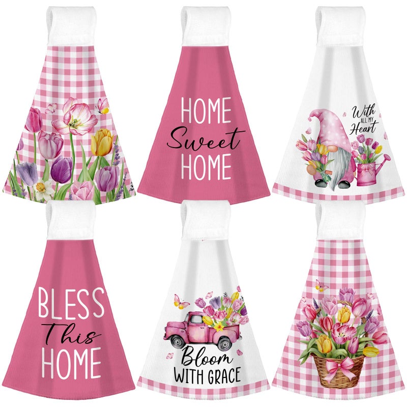 Tegeme 6 Pcs Hanging Kitchen Towels with Loop, Absorbent Hand Tie Towels Microfiber Decorative Fast Drying Kitchen Hanging Towel for Home Bathroom(Tulip) - Image 1