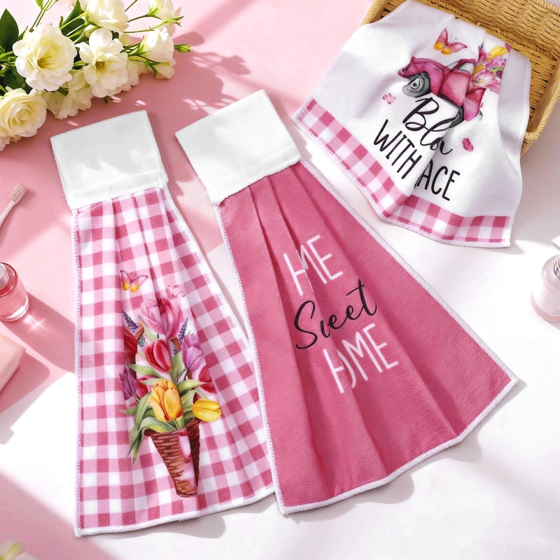 Tegeme 6 Pcs Hanging Kitchen Towels with Loop, Absorbent Hand Tie Towels Microfiber Decorative Fast Drying Kitchen Hanging Towel for Home Bathroom(Tulip) - Image 2