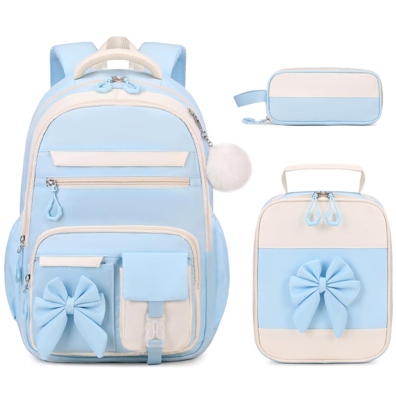 DIGOBAY Backpack for Girls 3PCS Girls Backpack for School with Lunch Bag Pencil Case Cute Kids Teens Bookbag for Kindergarten Elementary Preschool Middle School Blue - Image 2