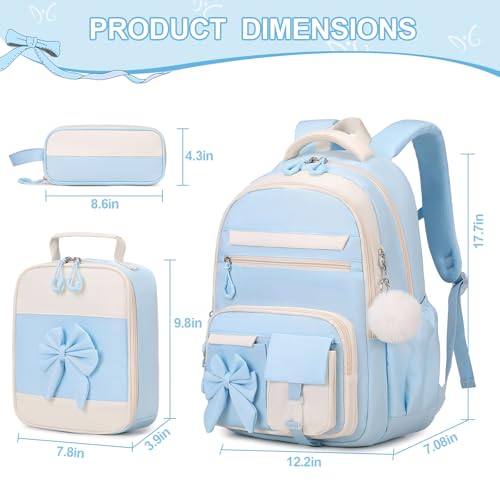DIGOBAY Backpack for Girls 3PCS Girls Backpack for School with Lunch Bag Pencil Case Cute Kids Teens Bookbag for Kindergarten Elementary Preschool Middle School Blue - Image 3