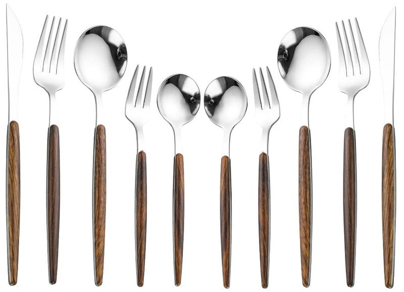 WHISKET Matte Silver Silverware Set with Brown Handle Stainless Steel Cutlery Flatware Set Kitchen Utensil Sets Tableware with Knife Spoons and Forks Set 20 - Image 1