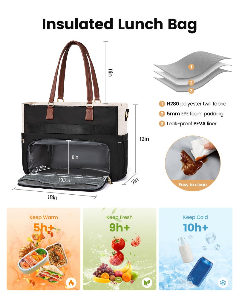LOVEVOOK Lunch Bag, Insulated Lunch Bag with Laptop Compartment, Large Capacity Work Tote for Women, Teacher Tote Bag with Zipper Leakproof for Teacher, Nurse, Office, Khaki-Beige-Coffee, 17.3 Inch - Image 3