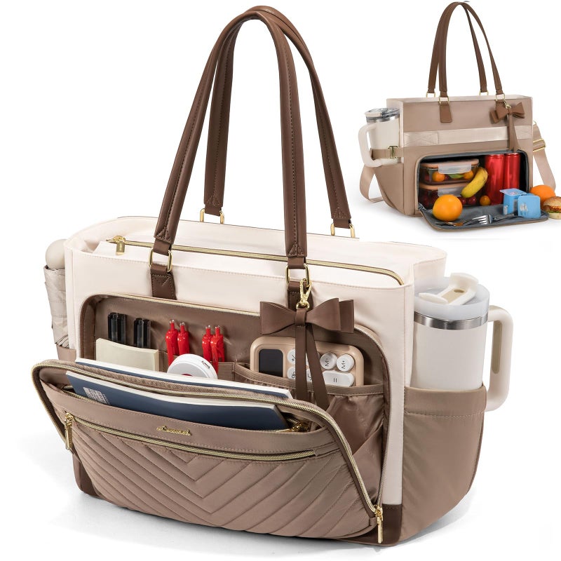 LOVEVOOK Lunch Bag, Insulated Lunch Bag with Laptop Compartment, Large Capacity Work Tote for Women, Teacher Tote Bag with Zipper Leakproof for Teacher, Nurse, Office, Khaki-Beige-Coffee, 17.3 Inch - Image 1