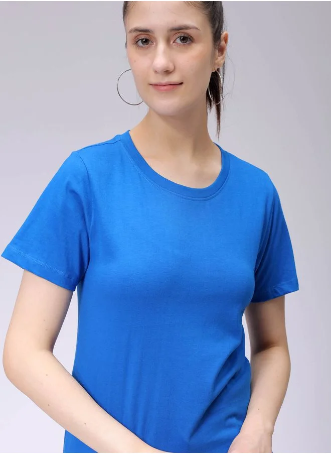 Freehand Women Regular Blue Solid Crew Neck Short Sleeve T-Shirt