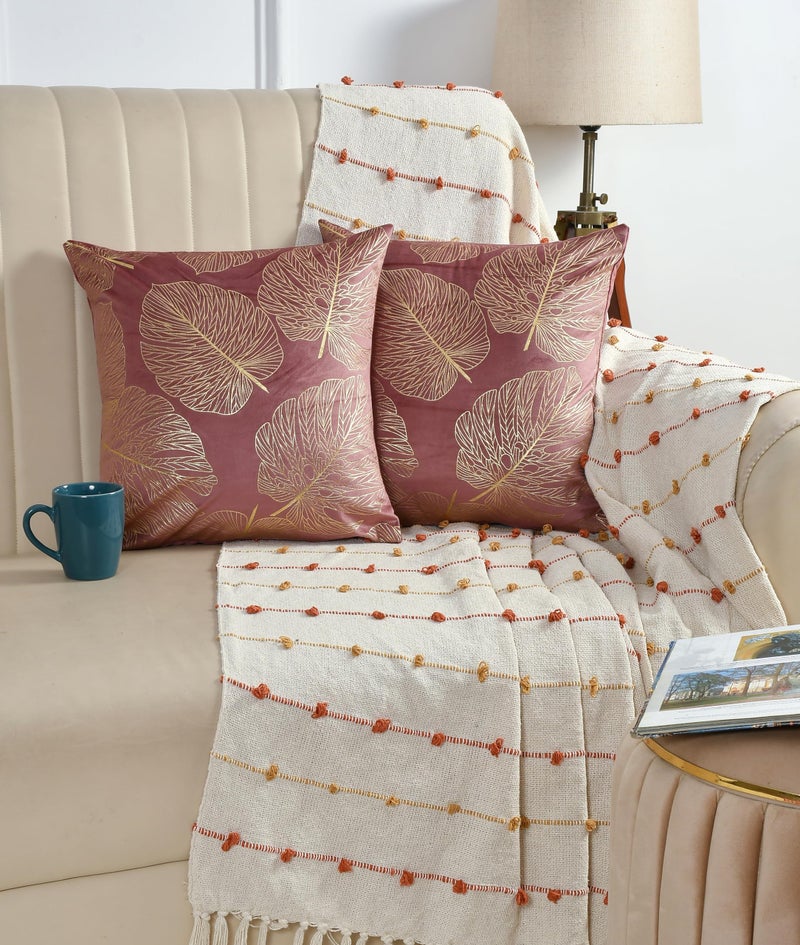 AEROHAVEN™ Rose Set of 2 Gold Leaf Printed Hand Made Velvet Throw/Pillow Cushion Covers - CC-226 - (16 x 16 Inch, Peach) - Image 5