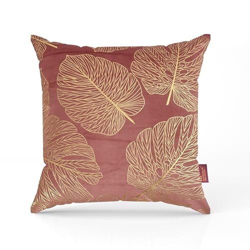 AEROHAVEN™ Rose Set of 2 Gold Leaf Printed Hand Made Velvet Throw/Pillow Cushion Covers - CC-226 - (16 x 16 Inch, Peach) - Image 2
